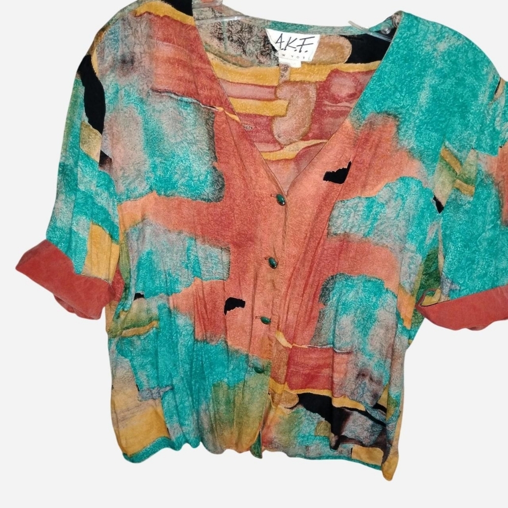 90s AKF New York Abstract Art To Wear Rayon Blouse Made in USA Medium - Picture 6 of 7